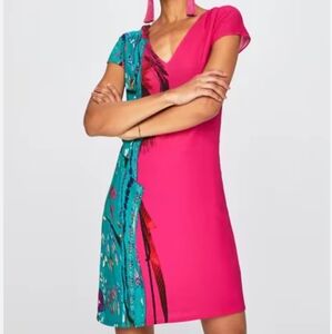 Desigual Fuchsia Print V Neck Shift Dress Floral Sz 46 Knee Length Large